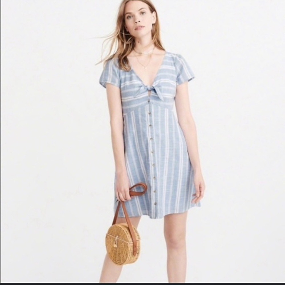 Abercrombie & Fitch Blue Striped Button Front Tie V-Neck Mini Dress Womens S